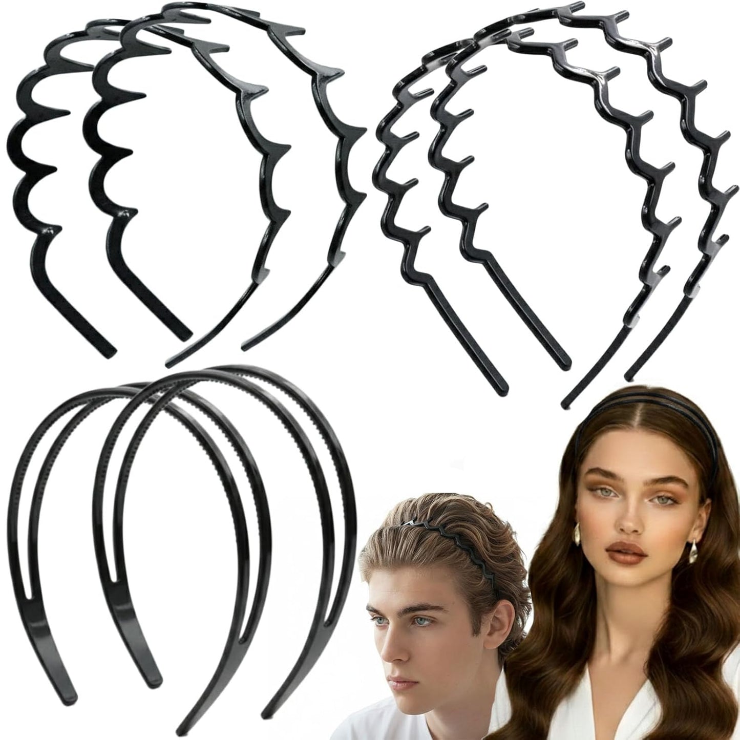 Zig Zag Headbands Set - 6 PCS Plastic Hair Accessories for Women & Men | Premium Bright Black