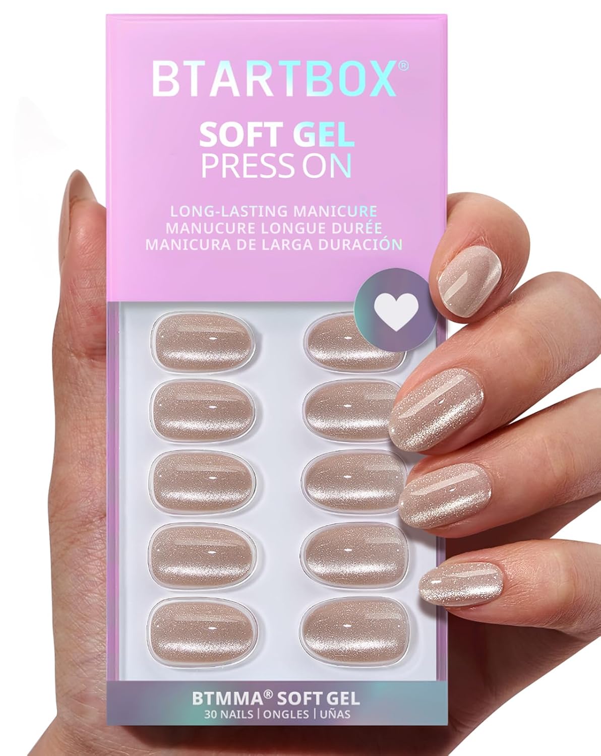 French Tip Press On Nails - Chrome Short Almond Design | Semi-Transparent Soft Gel, 16 Sizes, 32 Piece Kit