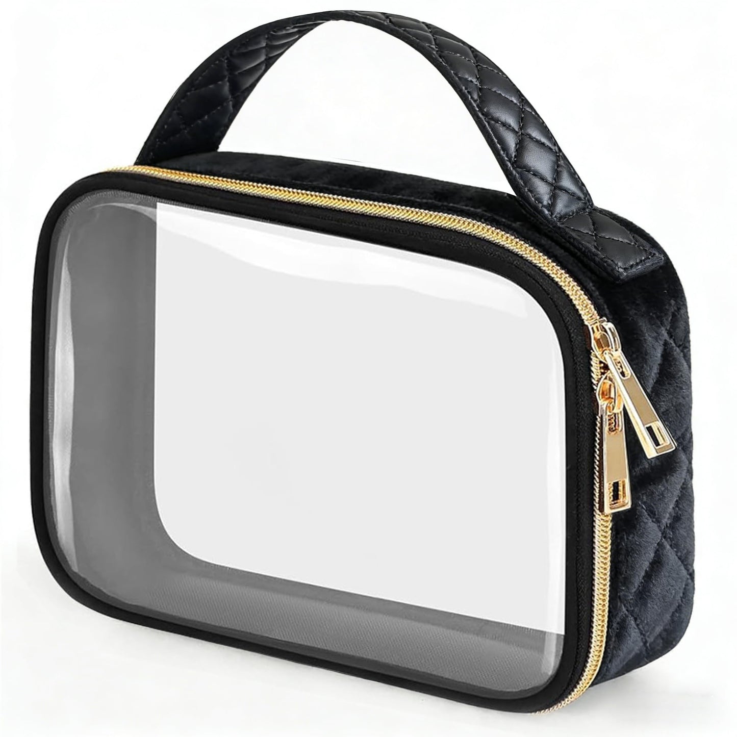 HYOOG Clear Makeup Bag with Handle, PVC Toiletry Bag for Travel, Airport Airline Compliant Cosmetic Organizer, Black with Gold Zipper (1, Black)