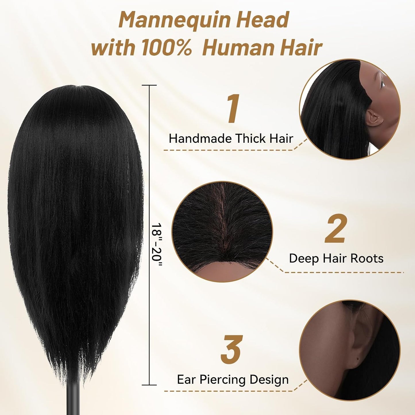Human Hair Mannequin Head - 18" Cosmetology Doll for Hair Styling & Braiding | Includes Table Clamp Stand