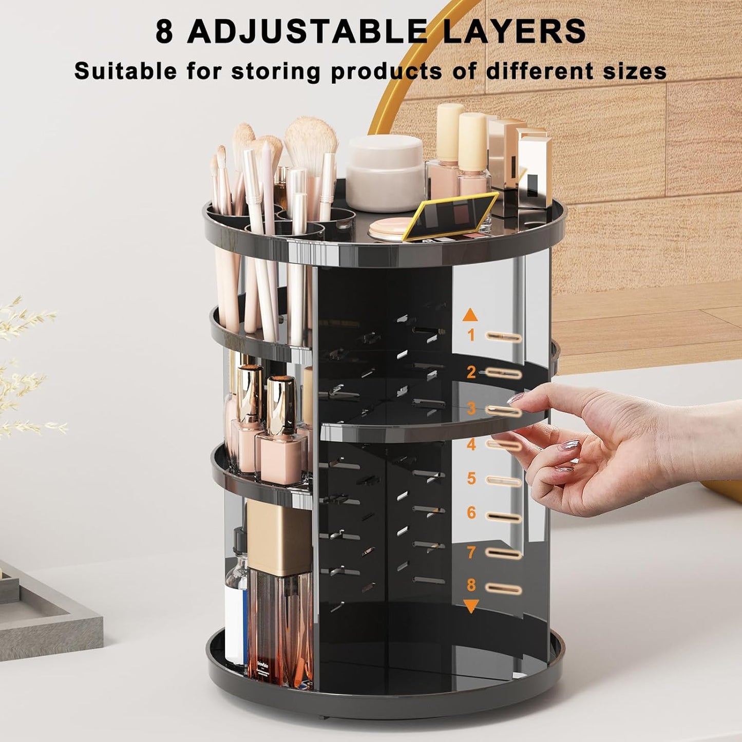 Rotating Makeup Organizer - DIY 8-Layer Spinning Skincare Storage | Multi-Function Vanity Display Case with Brush Holder & Perfume Tray - Black
