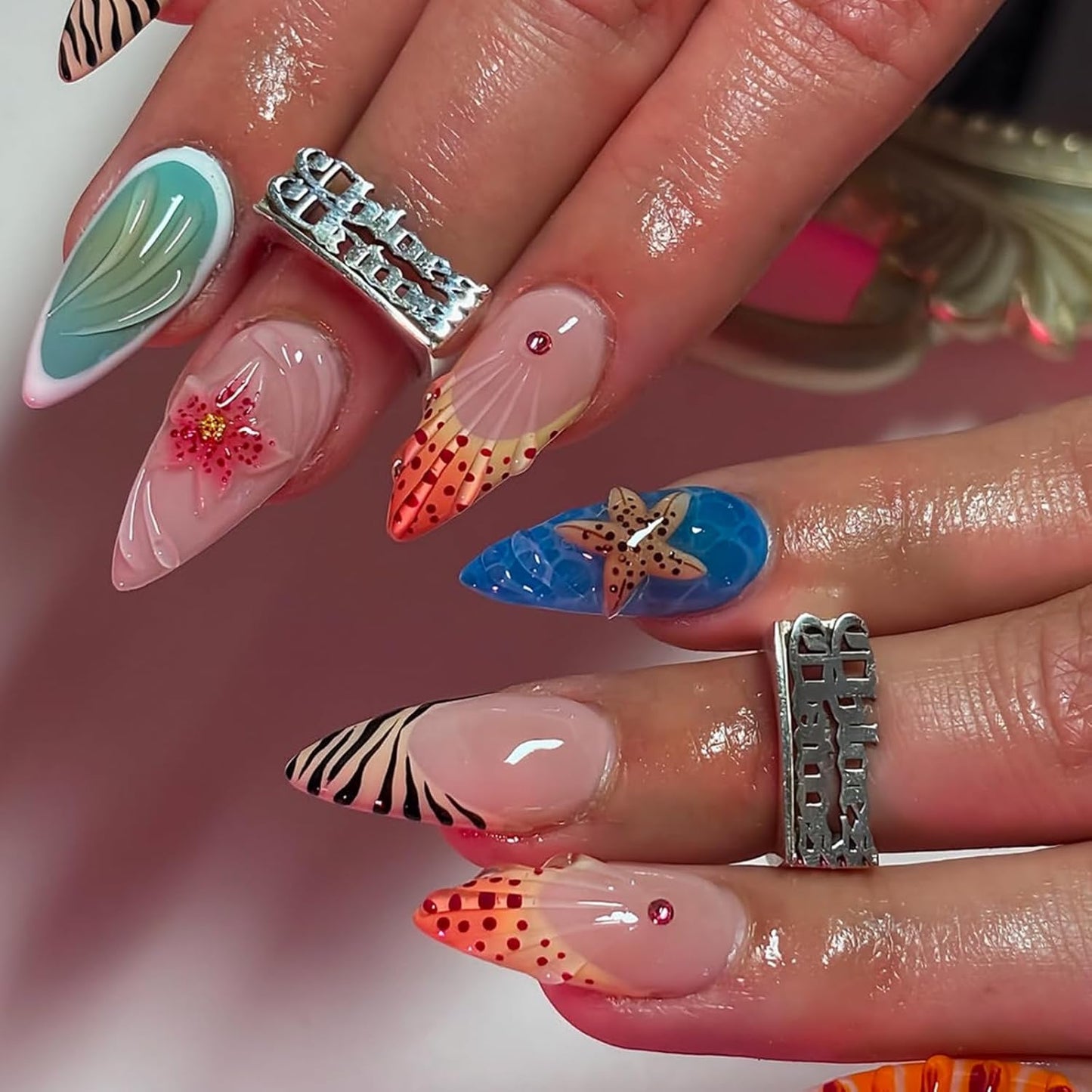 Press On Nails - French Tip Design with Rhinestones | Medium Almond Glossy Full Cover - 24 Pcs