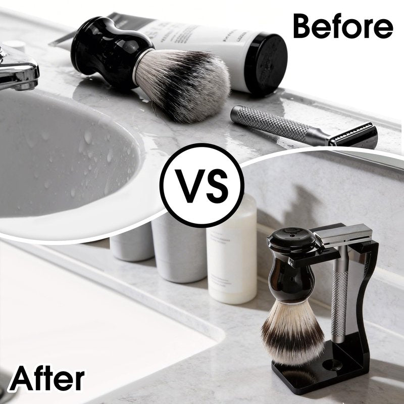 Keropy 2-in-1 Shaving Brush and Razor Stand, Black Acrylic Razor Holder with Brush, One-Piece Shave Brush Stand, Safety Razor Stand for Men, Universal Bathroom Storage Organizer, Grooming Gift for Men