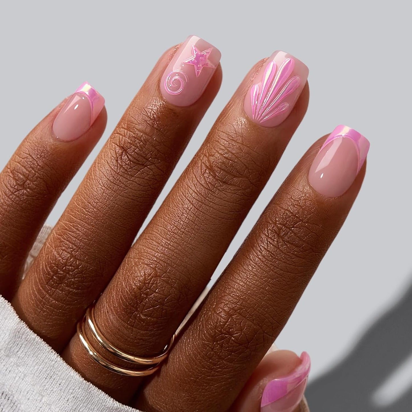 French Tip Press On Nails - Isle Plumeria | Easy-Apply Flower Short Square Design, 32 Nails in 16 Sizes