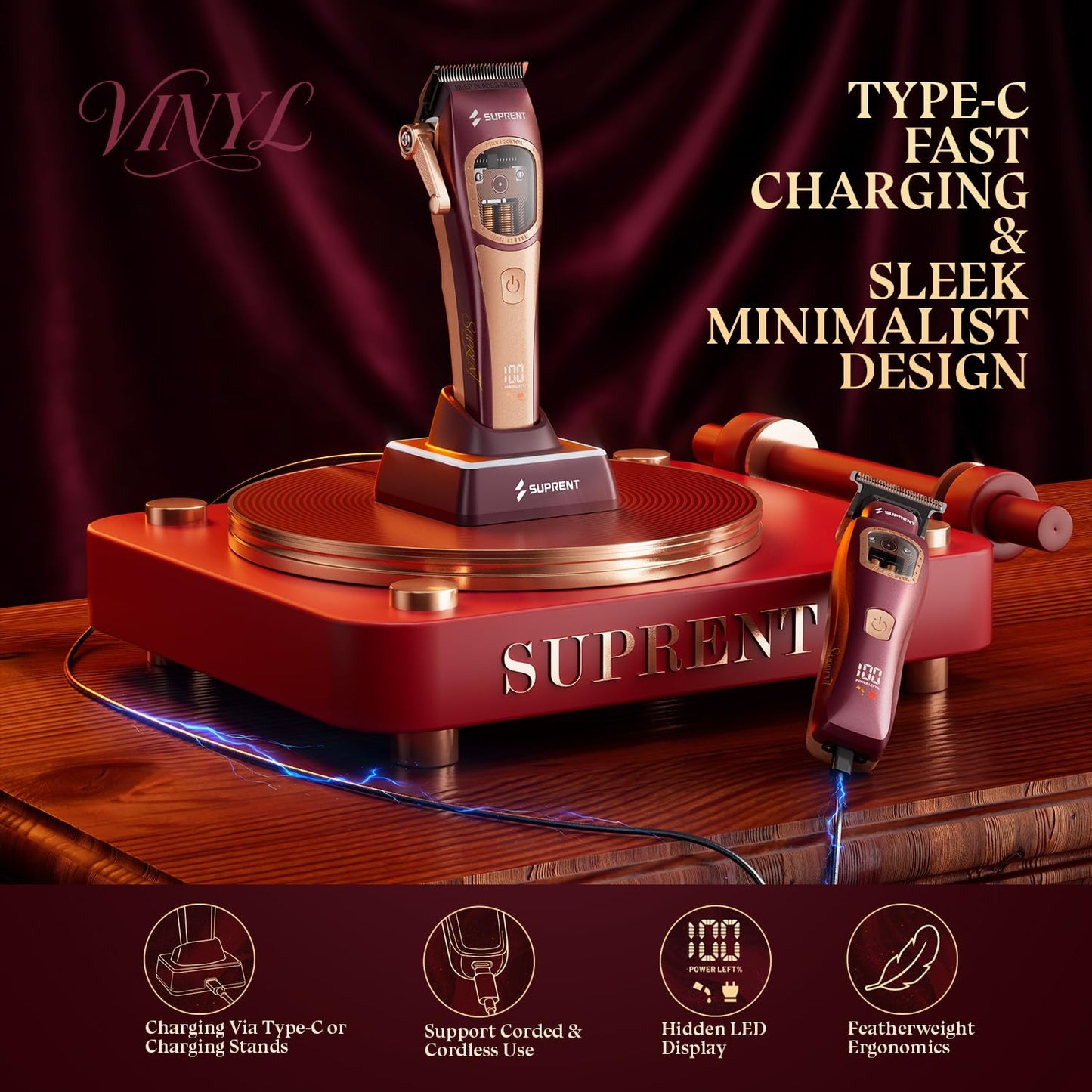 SUPRENT Professional Barber Clippers - Up to 11000RPM Intelligent Dual-Coil Vector Motor Hair Cutting kit, Zero-Gapped Hair Clipper & Trimmer Kit, Deep Tooth Blades, Charging Stands (Red) (Gold)