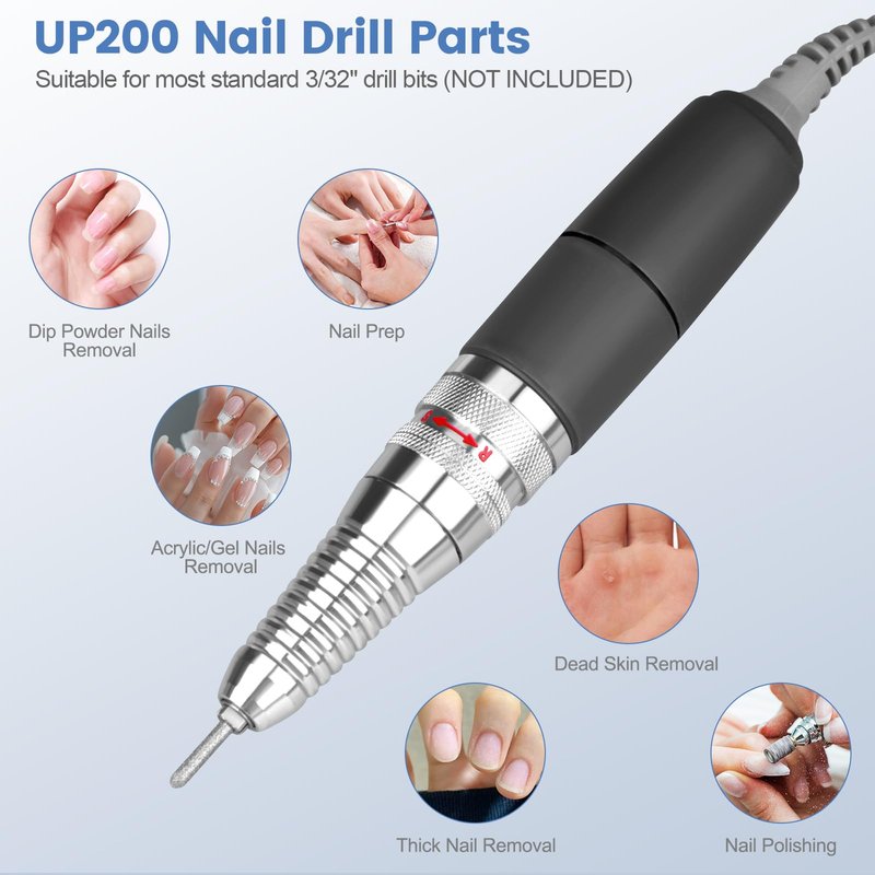 UP200 Nail Drill Handpiece, Compatible with KUPA KP55, KP60, KP5000, UP200 Nail Drill Parts, 35000RPM Electric Nail File Handle Replacement 3 Pins, Low Noise, Powerful and Smooth (Only Handpiece)