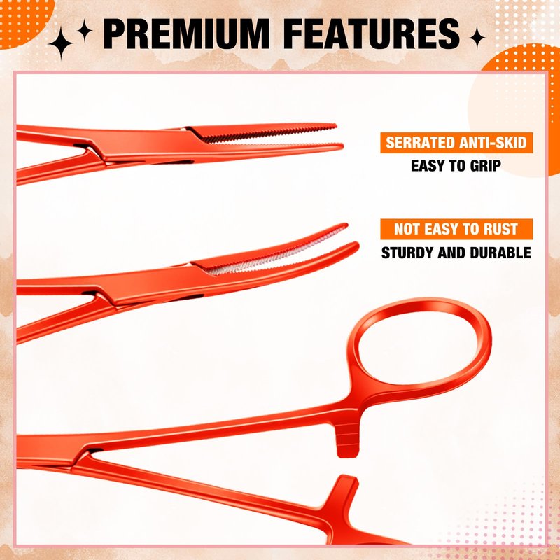 BBTO Hemostat Curved and Straight Hemostat Forceps Piercing Pliers Forceps, Stainless Steel Straight and Curved Pliers, Fishing Tweezer (Orange,2 Pcs)