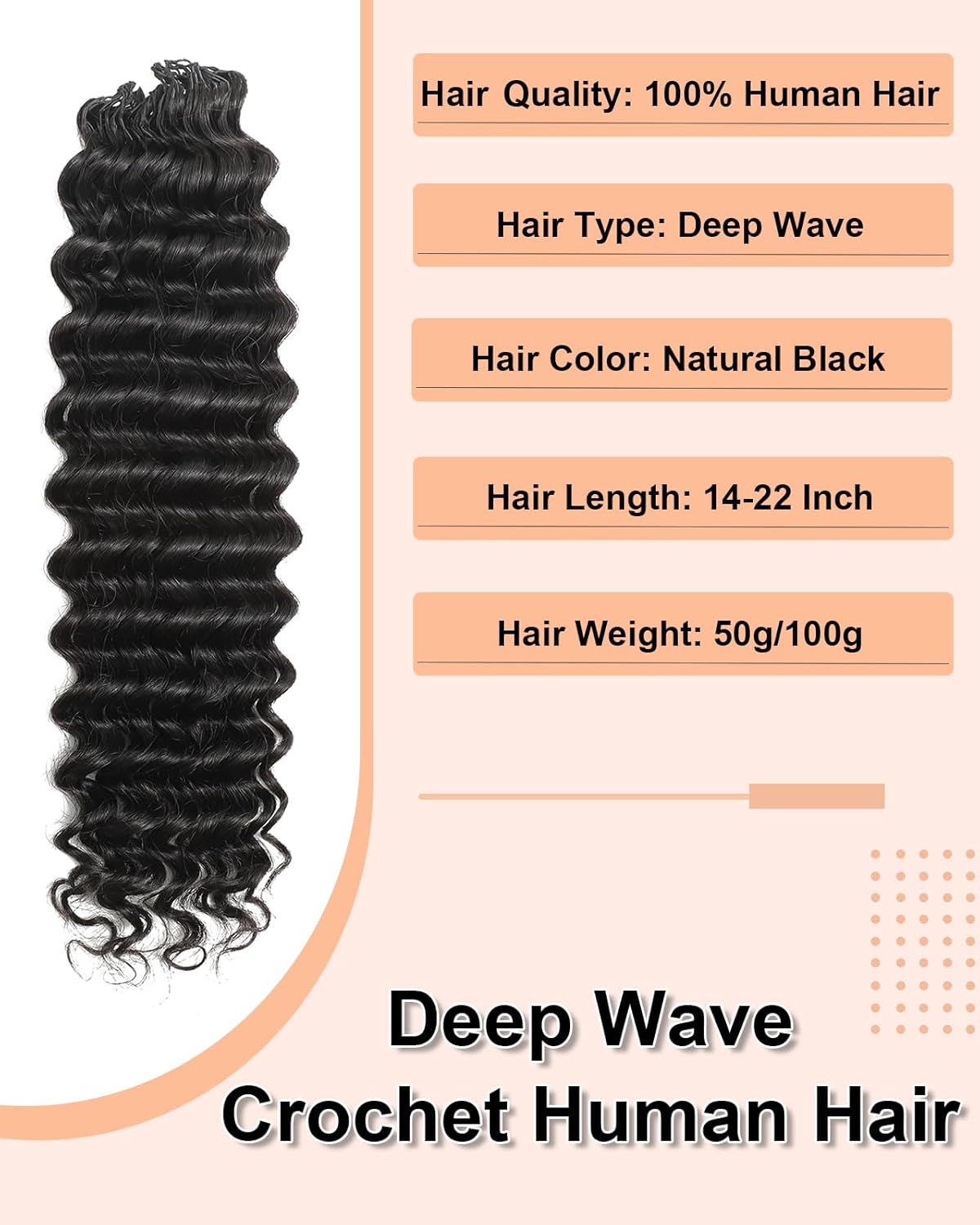 Deep Wave Crochet Hair Extensions - 18 Inch Lightweight Human Hair | 50 Strands Natural Black for Women