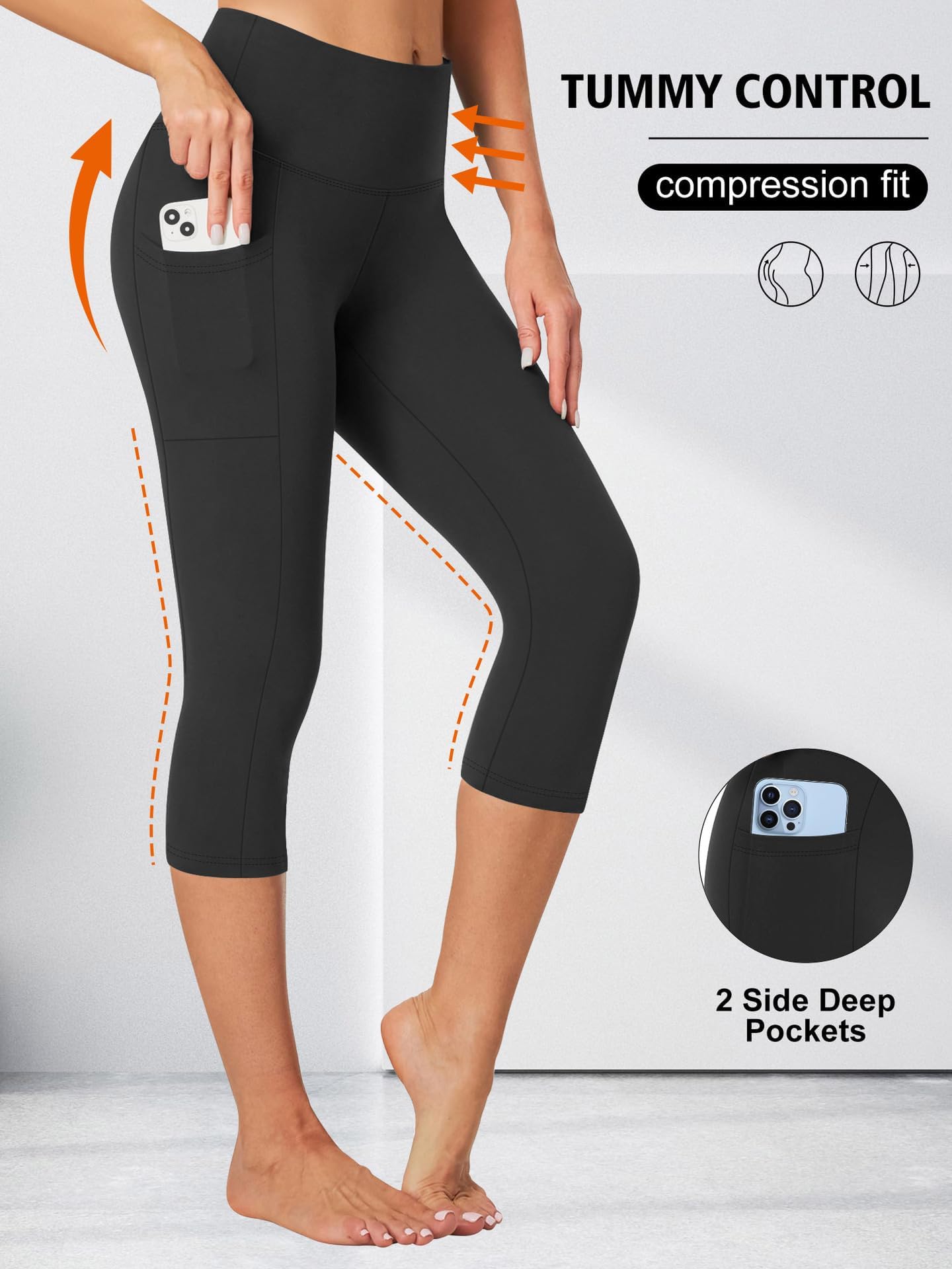 High Waist Yoga Pants Capri Leggings with Pockets, Tummy Control Workout Running Yoga Leggings for Women Black