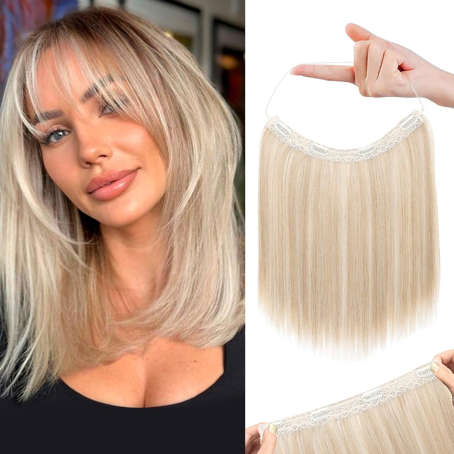 REECHO Invisible Wire Hair Extensions - Thinner Lace Weft, 12-Inch Short Straight Clips | Light Blonde