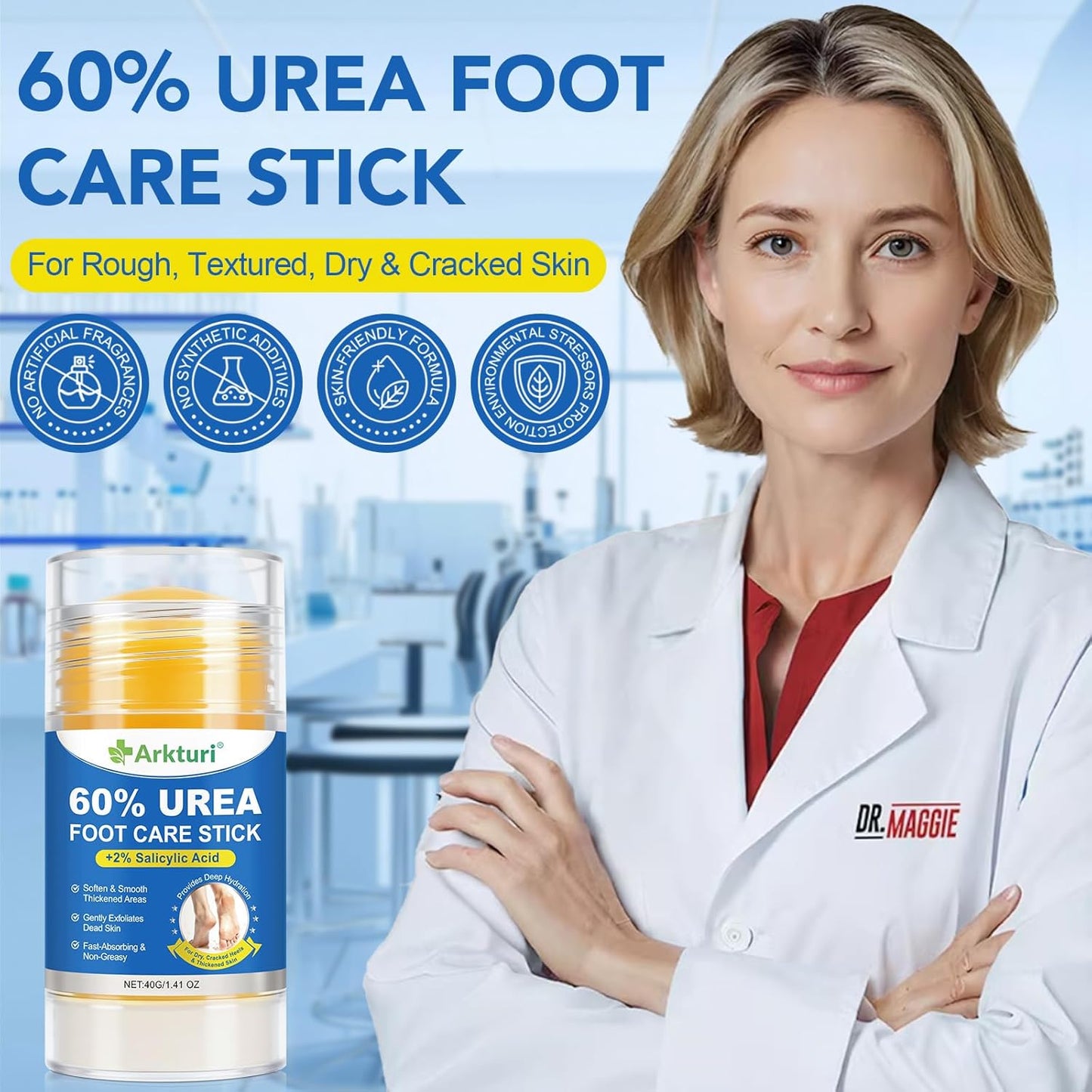 Urea Foot Care Stick with 2% Salicylic Acid | Intensive Moisturizing Cream for Dry, Cracked Feet - 1.41 oz