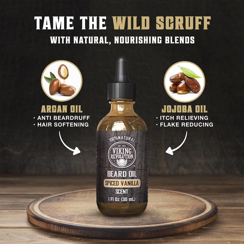 Viking Revolution Ultimate Conditioner for Men's Beard Grooming - Softens, Smoothes and Soothes - Contains Beard Wash and Conditioner (5oz Set), Beard Oil, Balm and Wooden Comb - Spiced Vanilla Scent
