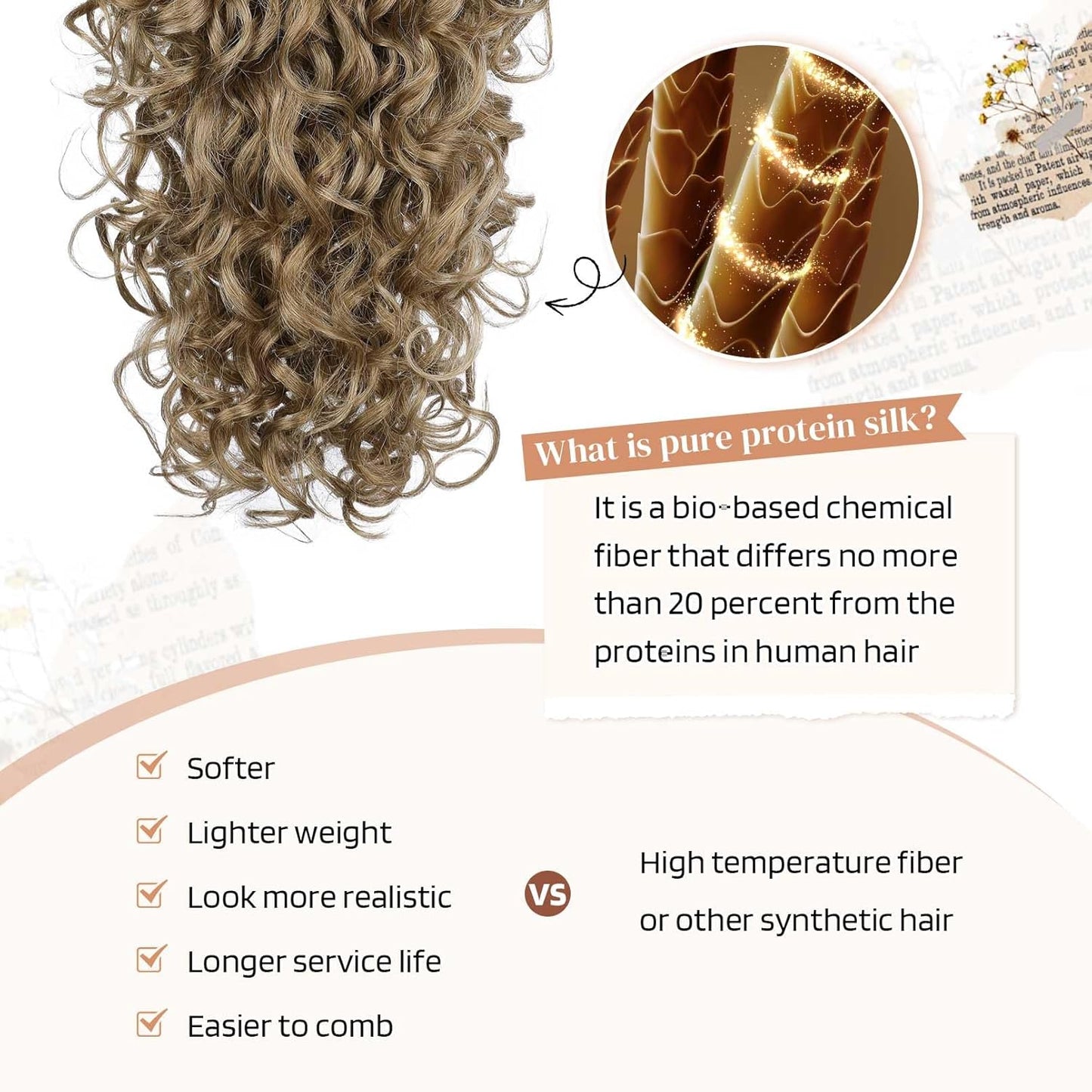 100% Pure Protein Ponytail Extension - 18 Inch Curly Claw Clip Hairpiece | Natural Soft Ash Brown