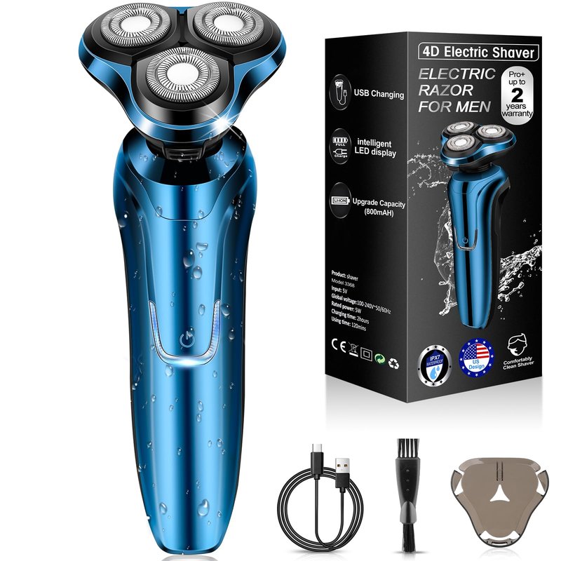 Electric Razor for Men, Cordless Rotary Electric Shaver, Rechargeable Wet & Dry Waterproof Floating Head Shaver, 4D Dual-Ring Face Shaving Grooming Tool, Travel Shaving Kit, Ideal Gift for Men