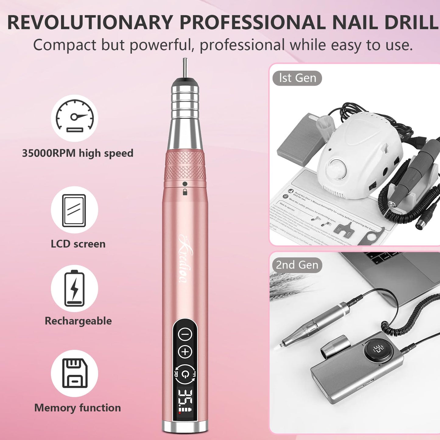 Kredioo Cordless Nail Drill 35000RPM Professional Electric File with Portable Travel Case for Home and Salon Nails Manicure Pedicure