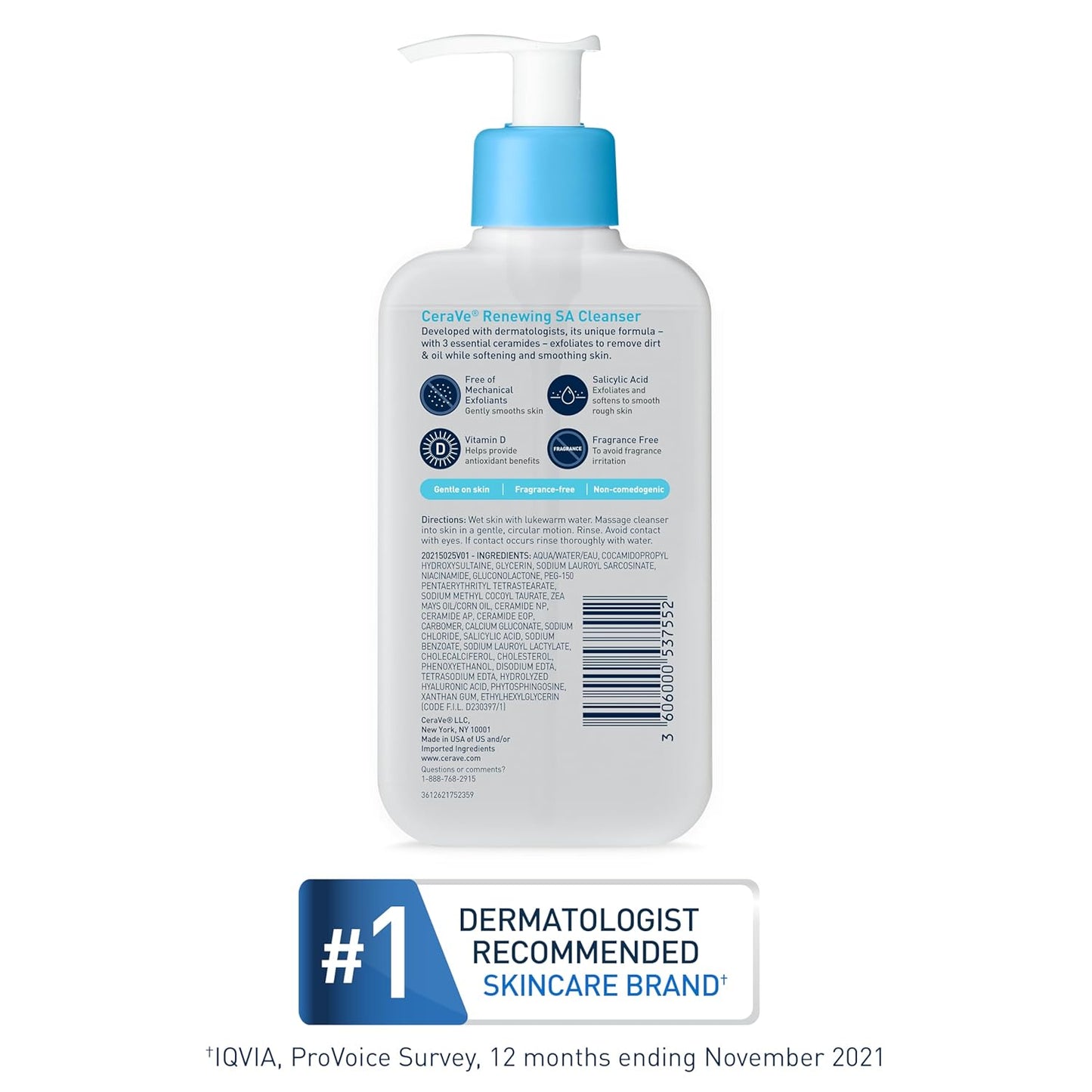 CeraVe Renewing Salicylic Acid Cleanser - Gentle BHA Exfoliating Face Wash with Hyaluronic Acid & Niacinamide | 8 Ounce