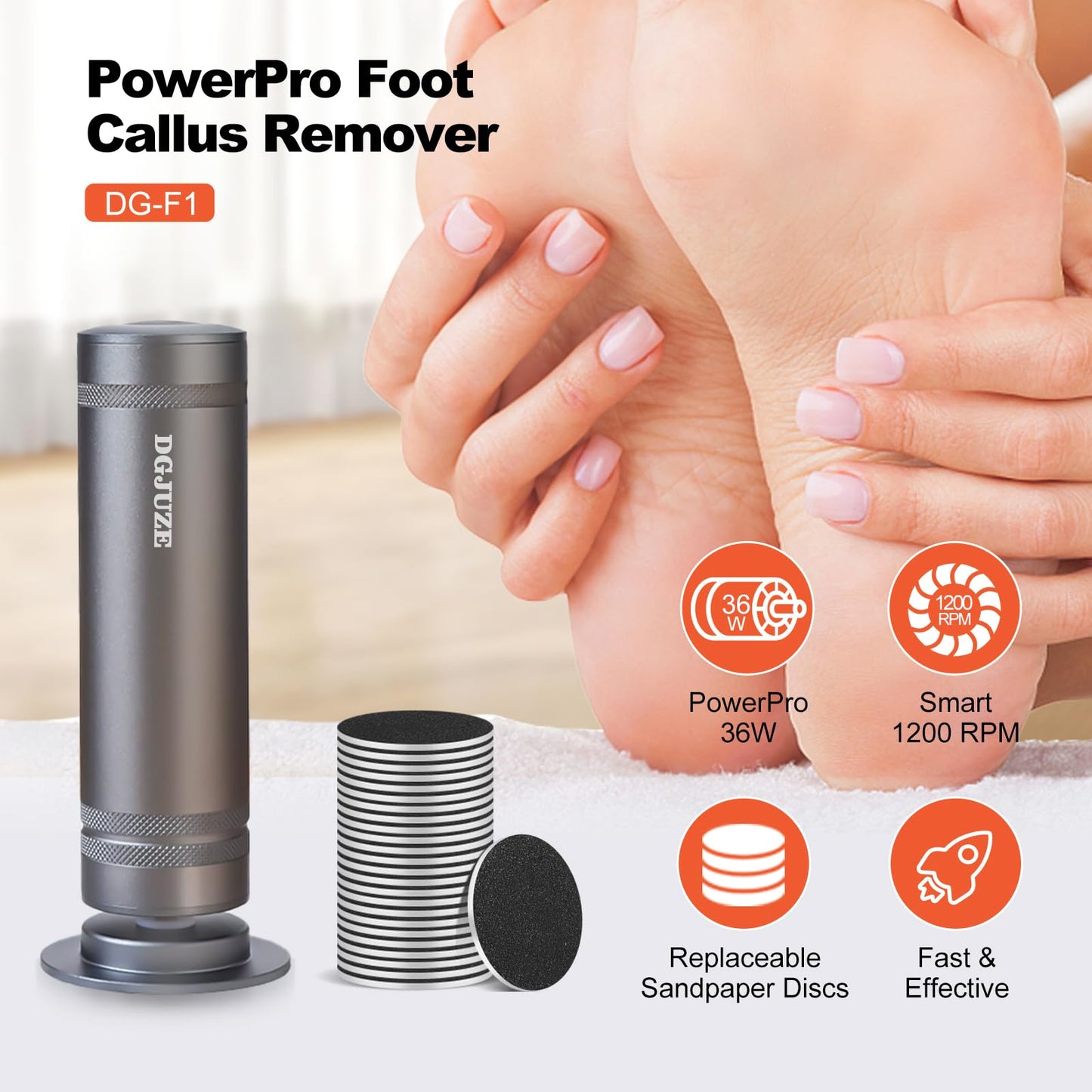DGJUZE PowerPro Electric Foot Callus Remover,36W Professional 1200rpm Adjustable Speed Metal Body Heavy Duty Grinder for Dead Skin,Automatic Foot Sander with 60pcs Sandpaper Pads(Grey)