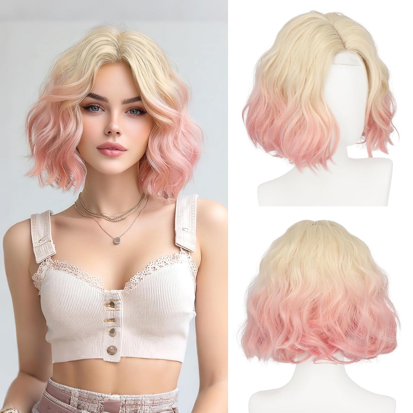 Blonde Bob Wig for Women - Lace Front Short Soft Wavy Curly Synthetic Hair | 11 Inch Natural Look