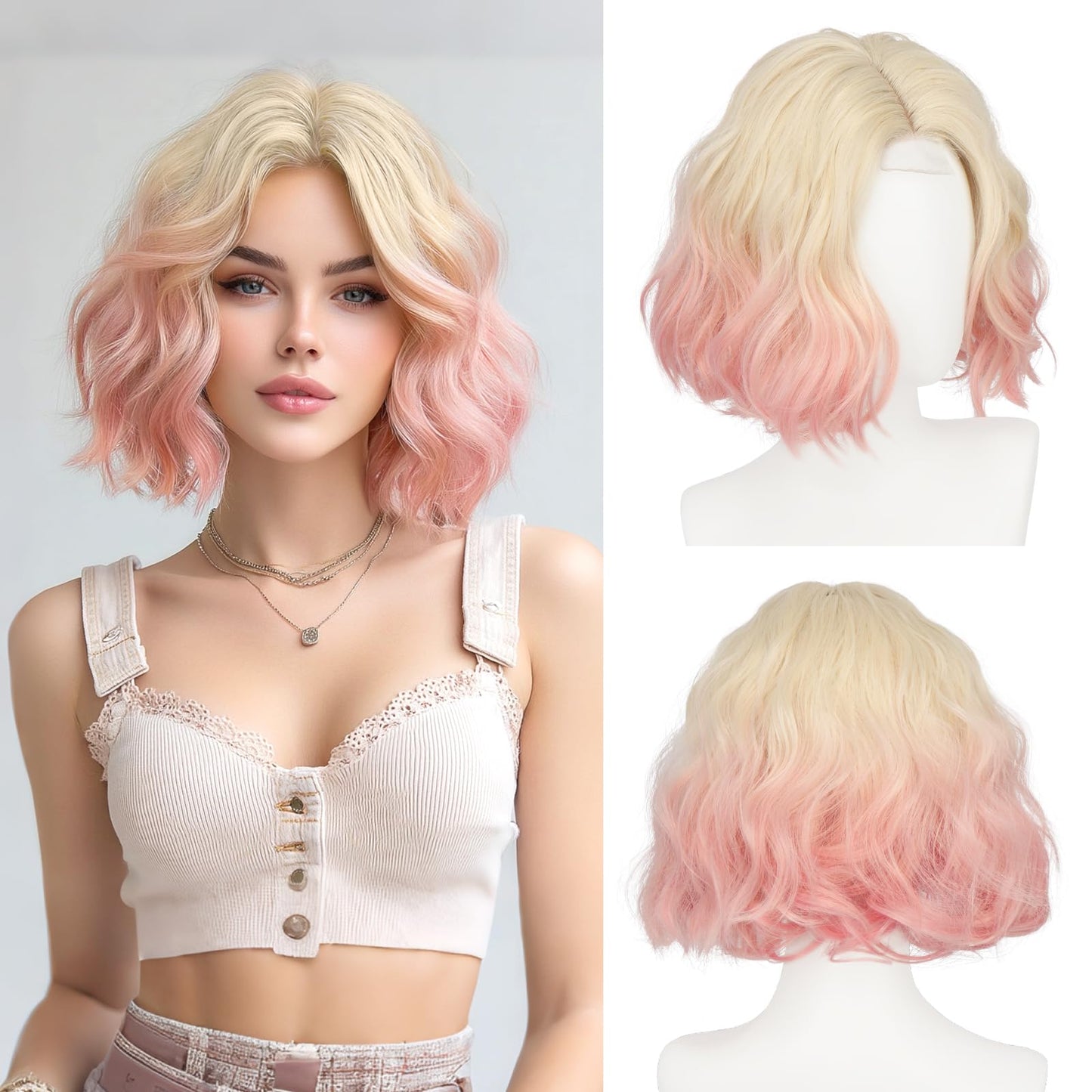Haloo Pink Bob Wig for Women Lace Front Hairline Short Soft Wavy Curly Natural Looking Middle Part Synthetic Hair Wigs for Daily Party, 11 Inch Blonde Pink