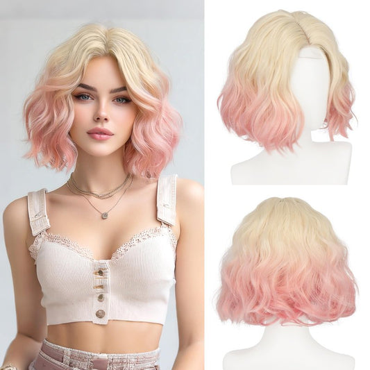 Haloo Pink Bob Wig for Women Lace Front Hairline Short Soft Wavy Curly Natural Looking Middle Part Synthetic Hair Wigs for Daily Party, 11 Inch Blonde Pink