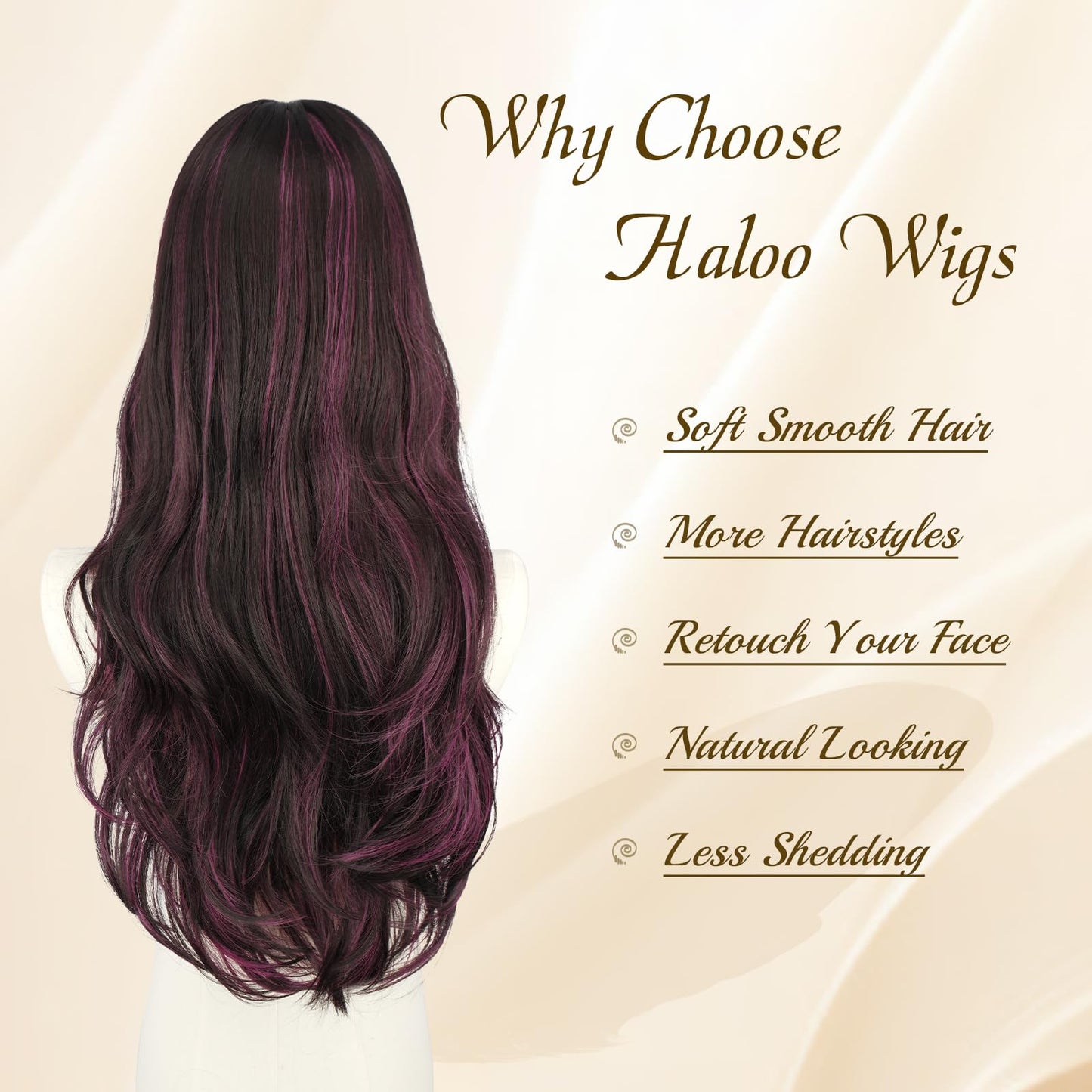 Haloo Brown Wigs with Bangs - Long Layered Natural Looking Synthetic Heat Resistant Wavy Hair Wigs for Women Daily Party, 26 Inch Black Brown Mixed Pink