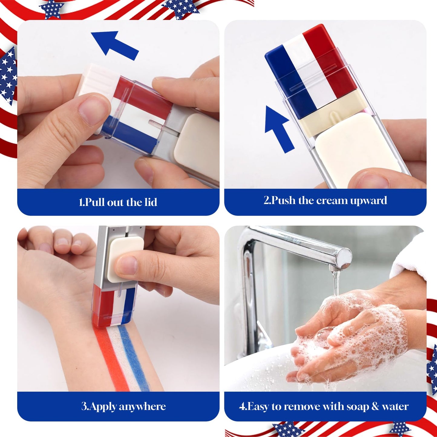 Red White and Blue Face Paint Stick - USA Patriotic Face Paint for 4th of July, Eye Black Stick for Baseball Softball Football, Body Paint for Sports Fans & Independence Day Accessories for Women Men