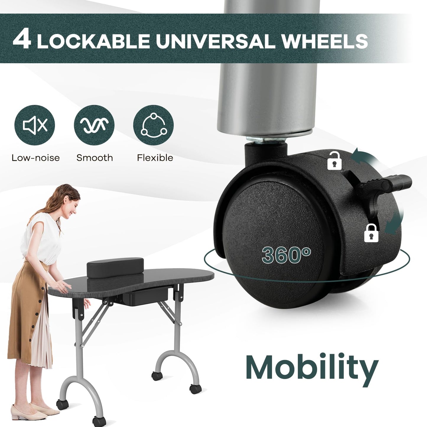 WELLHUT Nail Table Portable Manicure Tables with Carrying Bag, Salon Station Foldable Nail Desk with Large Drawer, Wrist Rest, Lockable Wheels for Home Spa Beauty Salon Mobile Nail Tech