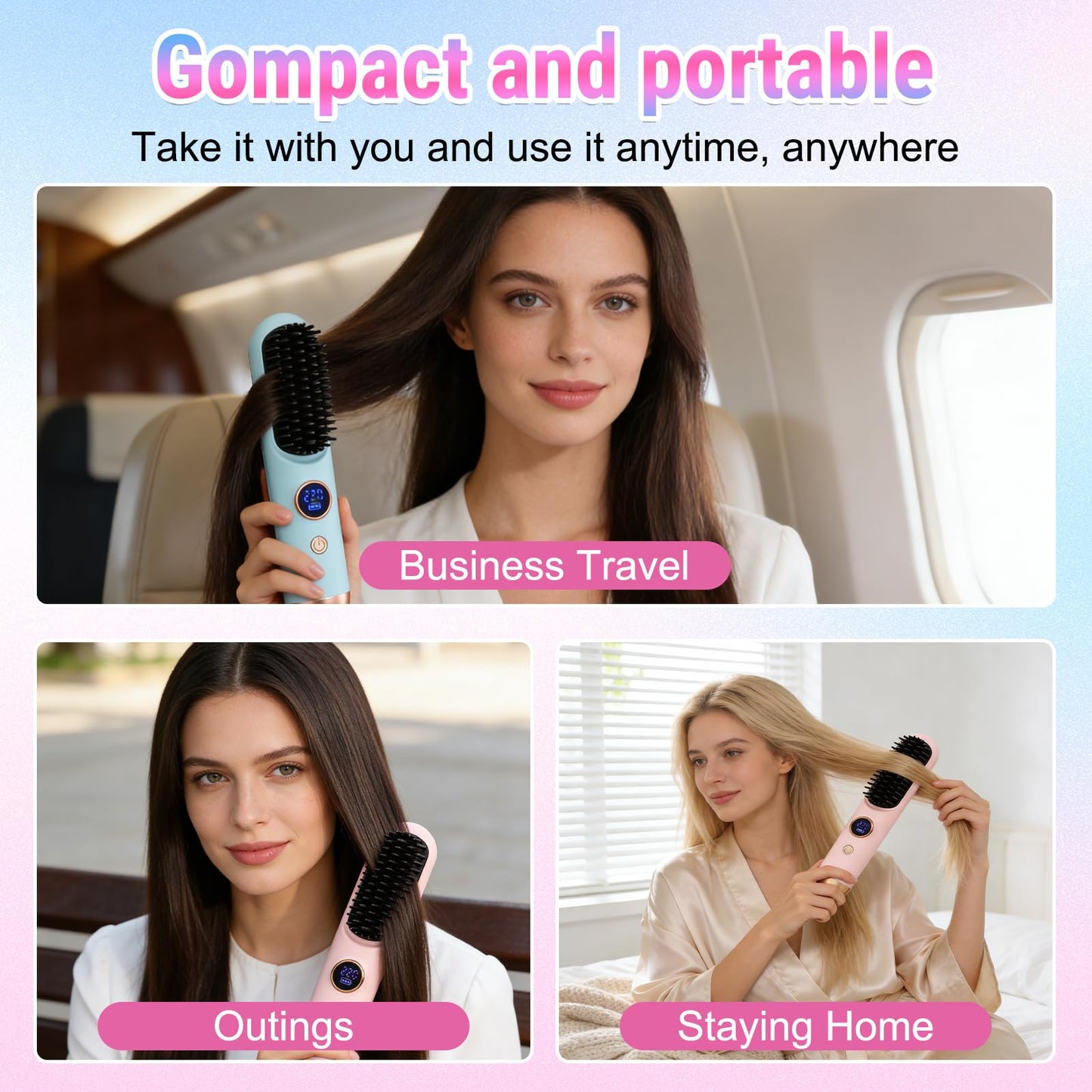 2026 Hair Straightener Brush, Cordless Hair Straightener Brush for Short Hair, Mini Portable Cordless Travel Straightening Hair Comb Brush with 9 Temps Fast Heating for Women (Blue)