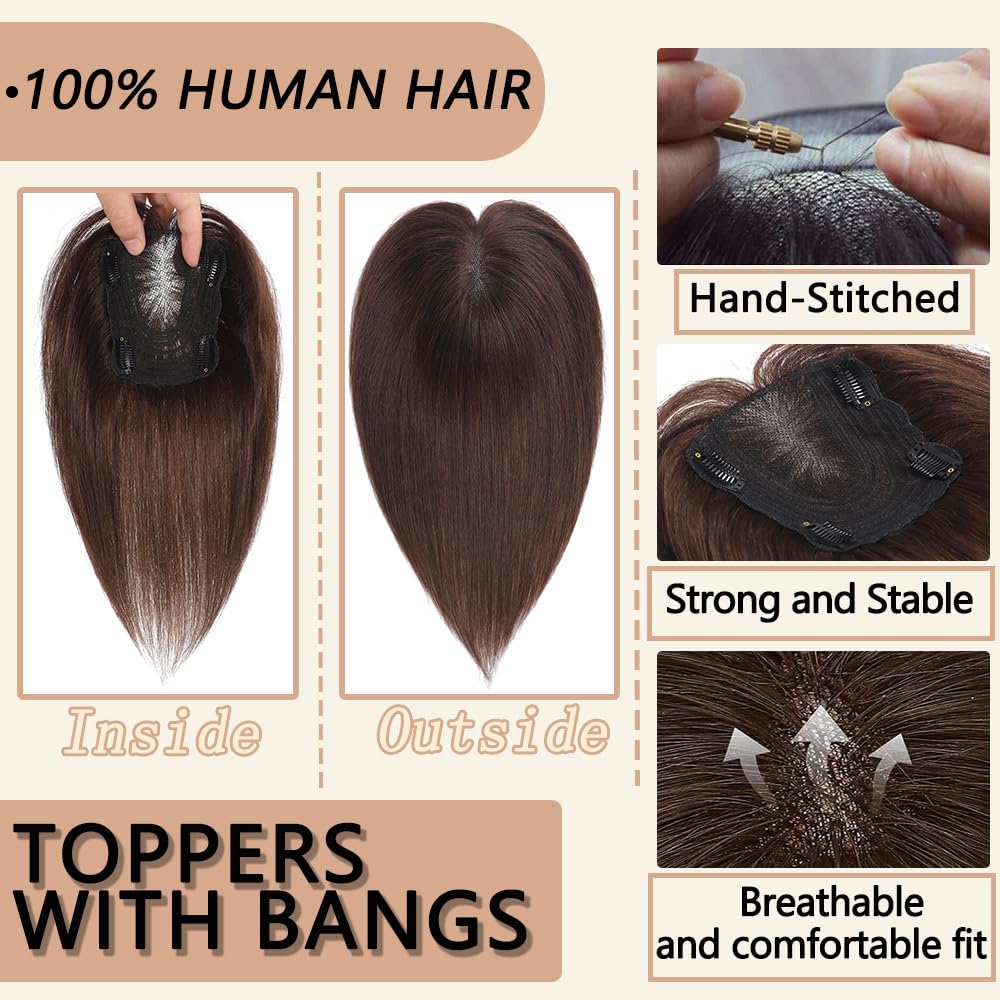 HVVZOY Hair Toppers for Women Real Human Hair,360°3D Big Basement Cover Topper for Women with Thinning Crown with Wispy Clip in Bangs Realistic Scalp
