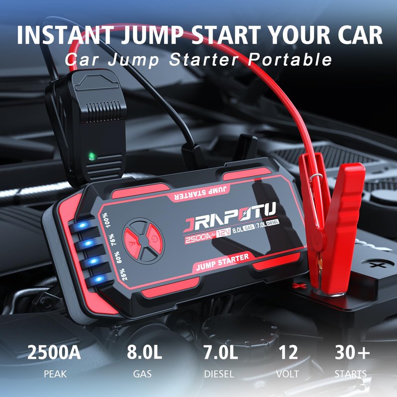 JRAPOTU Car Jump Starter, 2500A Peak Jump Box,Battery Jumper Starter Portable,12V Car Starter Jump Box for 8.0L Gas and 7.0L Diesel Cars with USB Ports，LED Flashlight