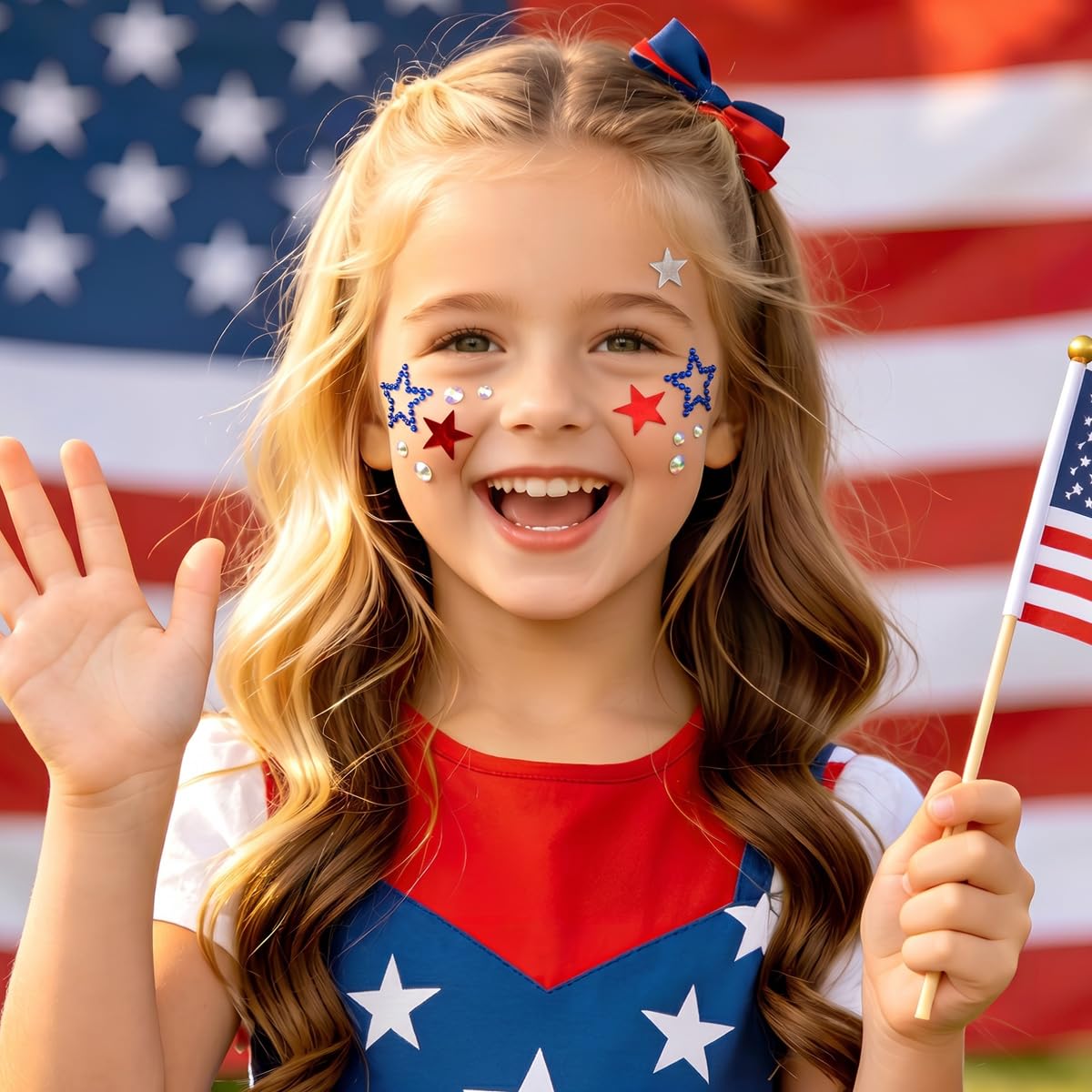 Permcoly 4th of July Rhinestone Stickers, Patriotic Self Adhesive Star Face Gem Stickers for Independence Day Decorations, Face Body Jewels for Women Kids, DIY Crafts Party Supplies Red White Blue