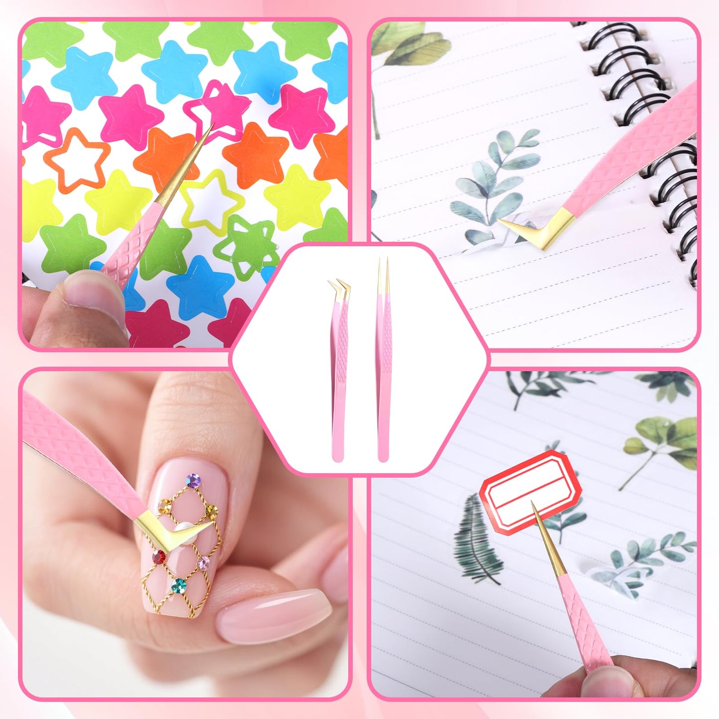 2 Pcs Professional Lash Tweezers Set, Eyelash Cluster Extension Tools Fiber Tip Women Lash Eyelash Eyebrow Tweezers with Bent and Straight Tips, Non-Slip Grip for Volume Classic Lashes (Pink)