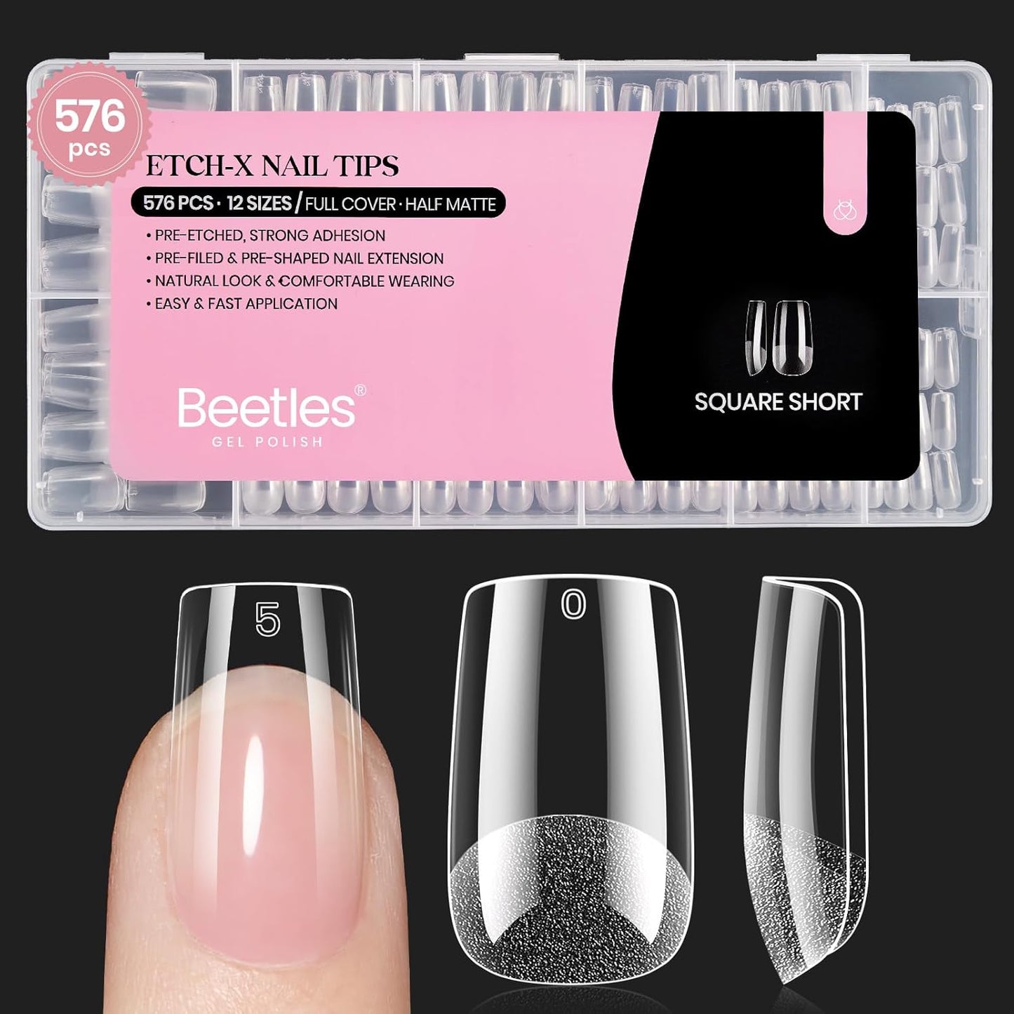 Beetles Gel Nail Tips - 576 Pcs Short Almond Acrylic False Nails | 12 Sizes, Easy DIY Press-On Extensions