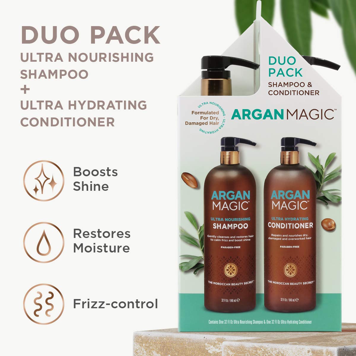 Argan Magic Ultra Shampoo and Conditioner Combo Pack for Dry and Damaged Hair - Revives & Dehydrated Brittle Hair | Detangles, Smooths & Softens | Paraben Free, (32 oz)