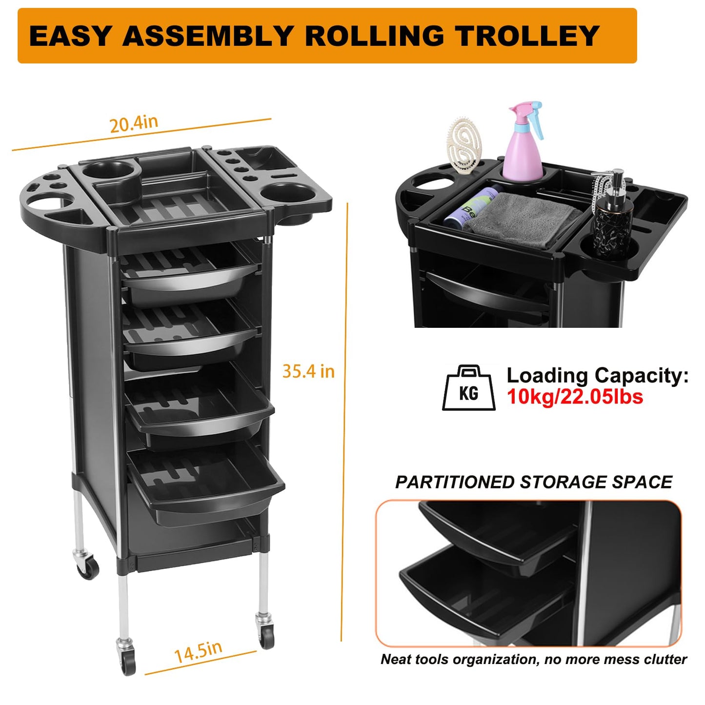 Salon Trolley Cart, 6-Layer Hair Stylist Cart with Wheels,Portable Salon Station Rolling Storage Trolley with Worktop Trays for Barbering or Hairstyling Beauty SPA Tattoo Service (Black)