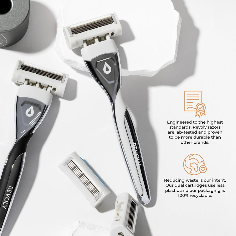 REVOLV - Men’s Razor - 1 Premium Weighted Handle + 1 Dual-Sided Cartridge - For a Closer, Smoother Shave - Safe on Sensitive Skin - Grey