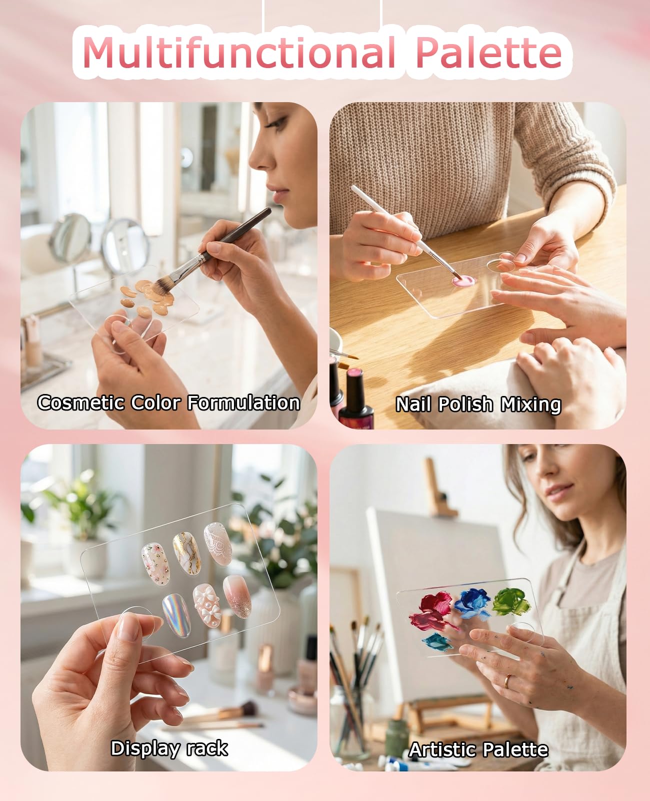 Geyynow 8 PCS Acrylic Nail Art Palette, Transparent Nail Polish Mixing Plate with Stainless Stirring Rod