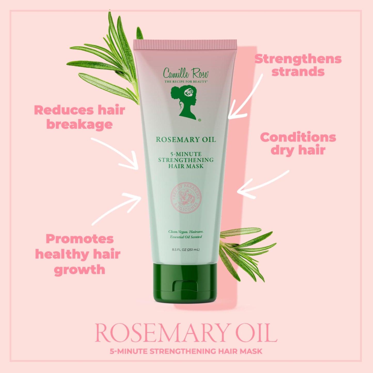 Camille Rose Hair Mask, Rosemary Oil – 5-Minute Strengthening Deep Conditioner for Refreshing Dry, Damaged Hair, Frizz Control, 8.5 Oz