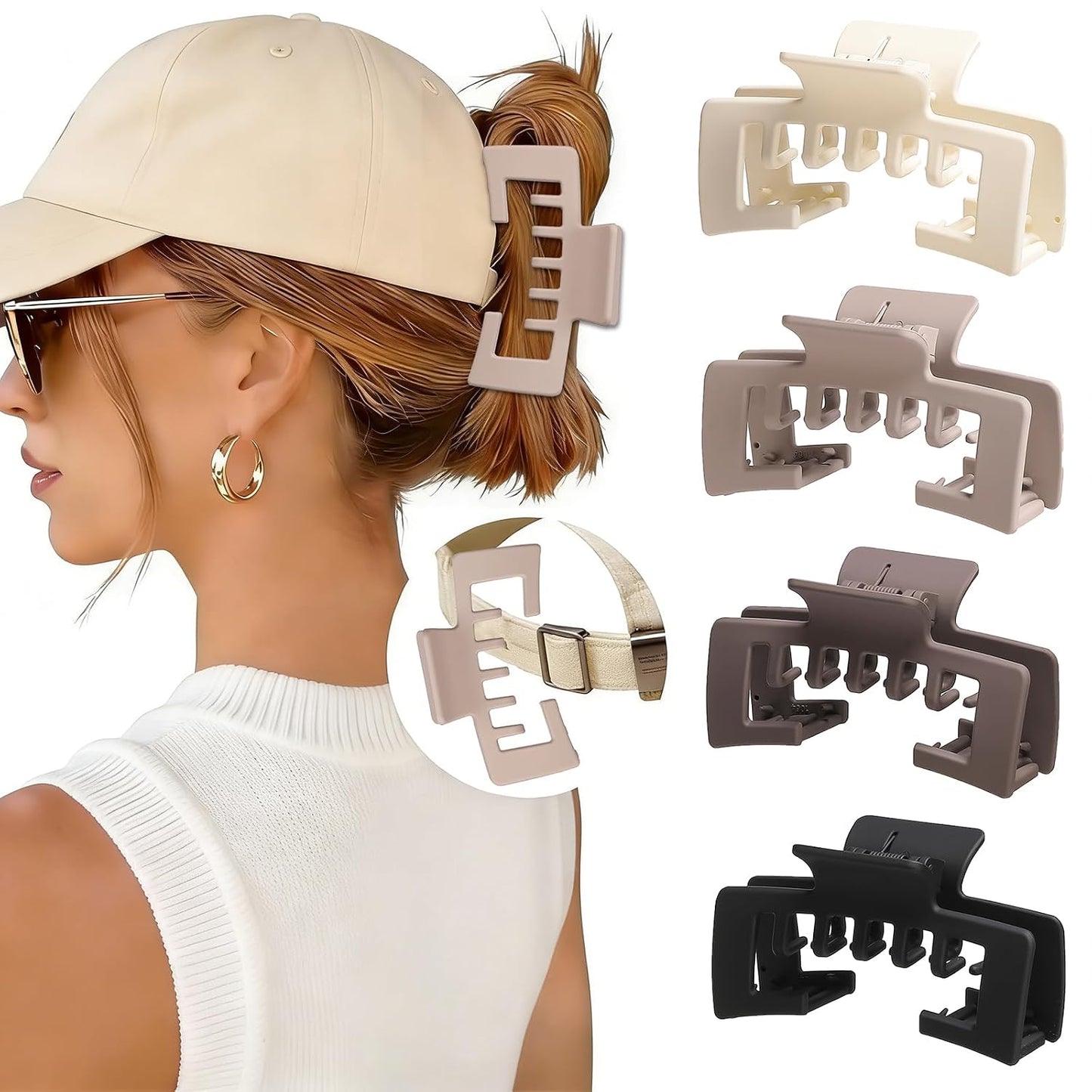 Hat-Friendly Claw Clips for Baseball Caps - 4 Pack Large Strong Hold Matte Clips for Thick & Thin Hair | Hair Accessories