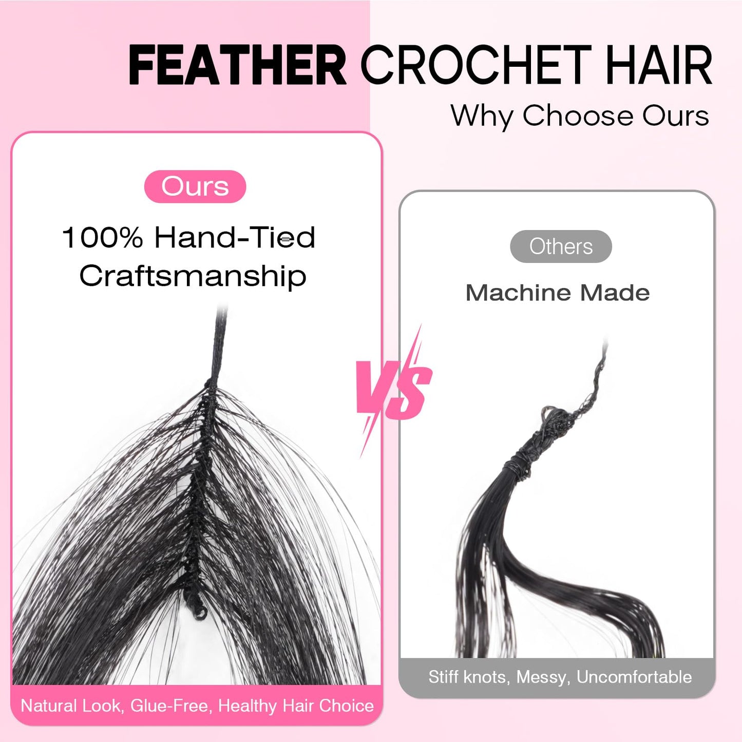 Miracle Knots Feather Crochet Hair (Deep Wave) - 20" Hand-Tied Synthetic Extensions, 150 Strands Soft Cotton Core Glue-Free Knotless Hair Pieces (Natural Black)