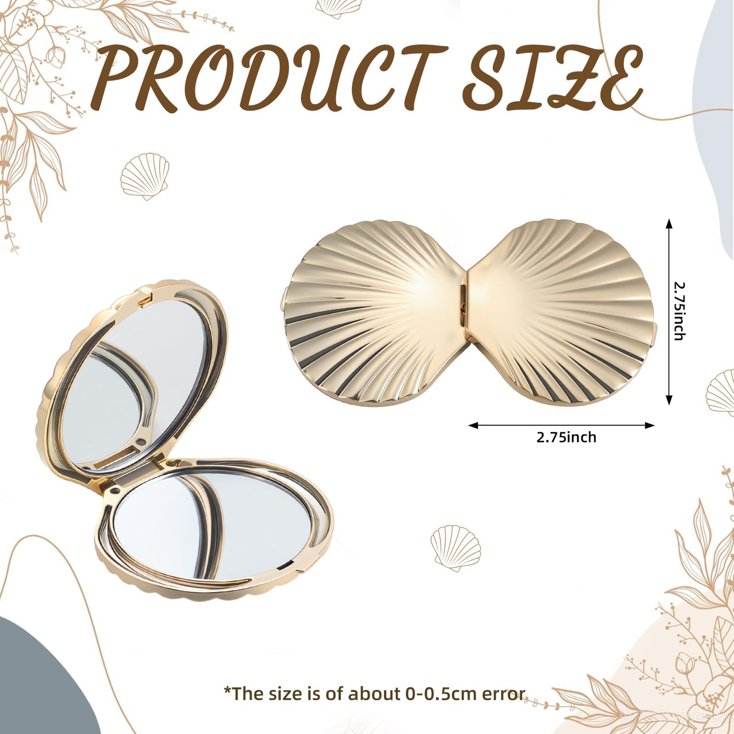 Novabright 1 Pcs 2.7 Inch Gold Sea Shell Compact Mirror Double-Sided Makeup Small Mirror for Purse with 1x/2x Magnification for Travel, Bathroom, Makeup, Beauty, Grooming, Plastic