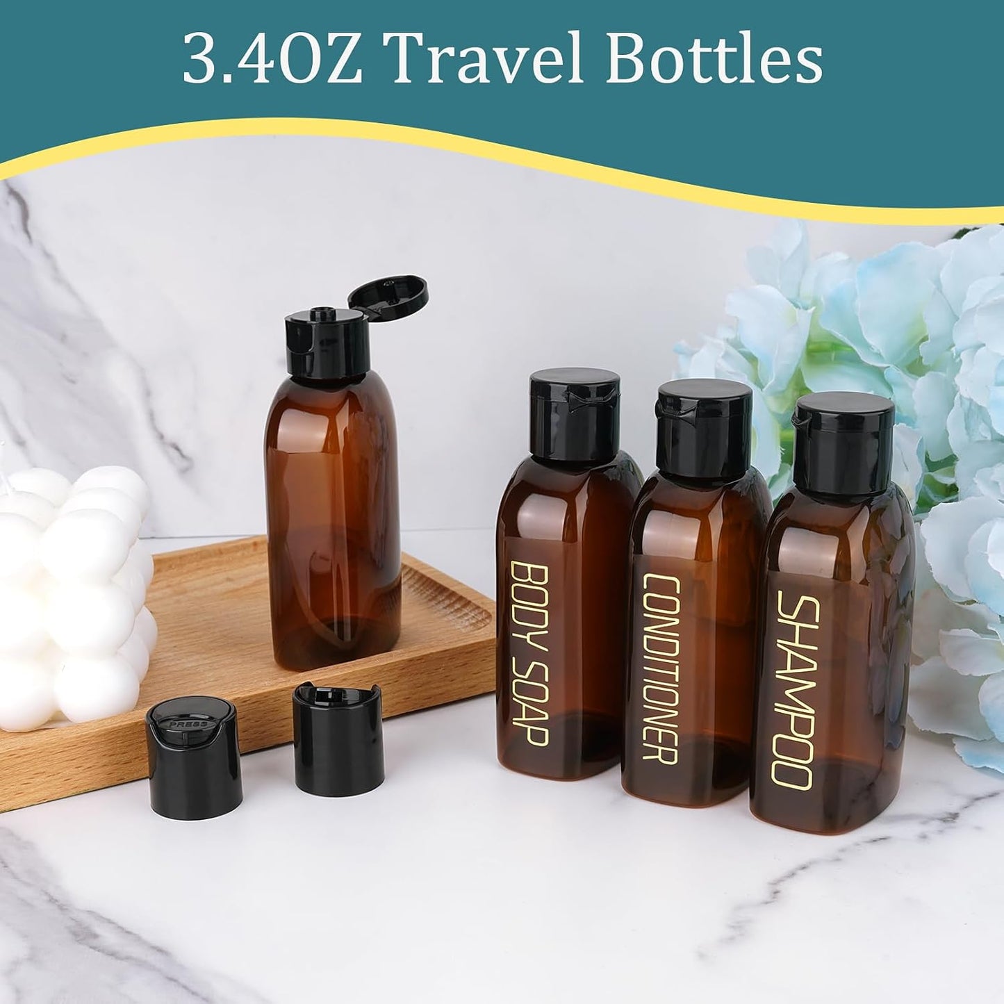 Travel Toiletries Bottles Set - 4PCS 3.4oz Leak Proof Shampoo & Conditioner Containers | TSA Approved Squeeze Bottles