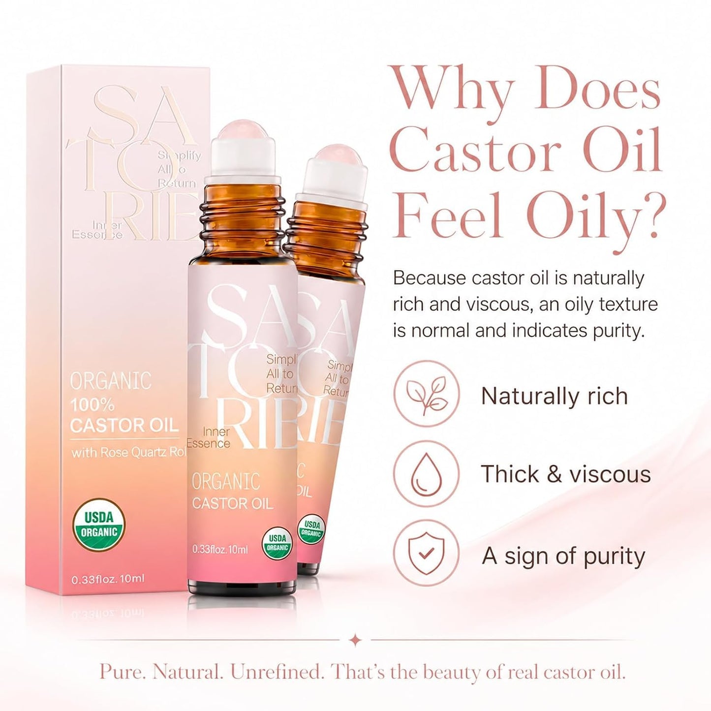 Organic Castor Oil with Rose Quartz Rollerball - USDA Certified 100% Pure Roll-On for Face, Under Eyes, Brows & Lashes | Deep Moisture & Hair Growth (2-Pack, 0.68 fl. oz)