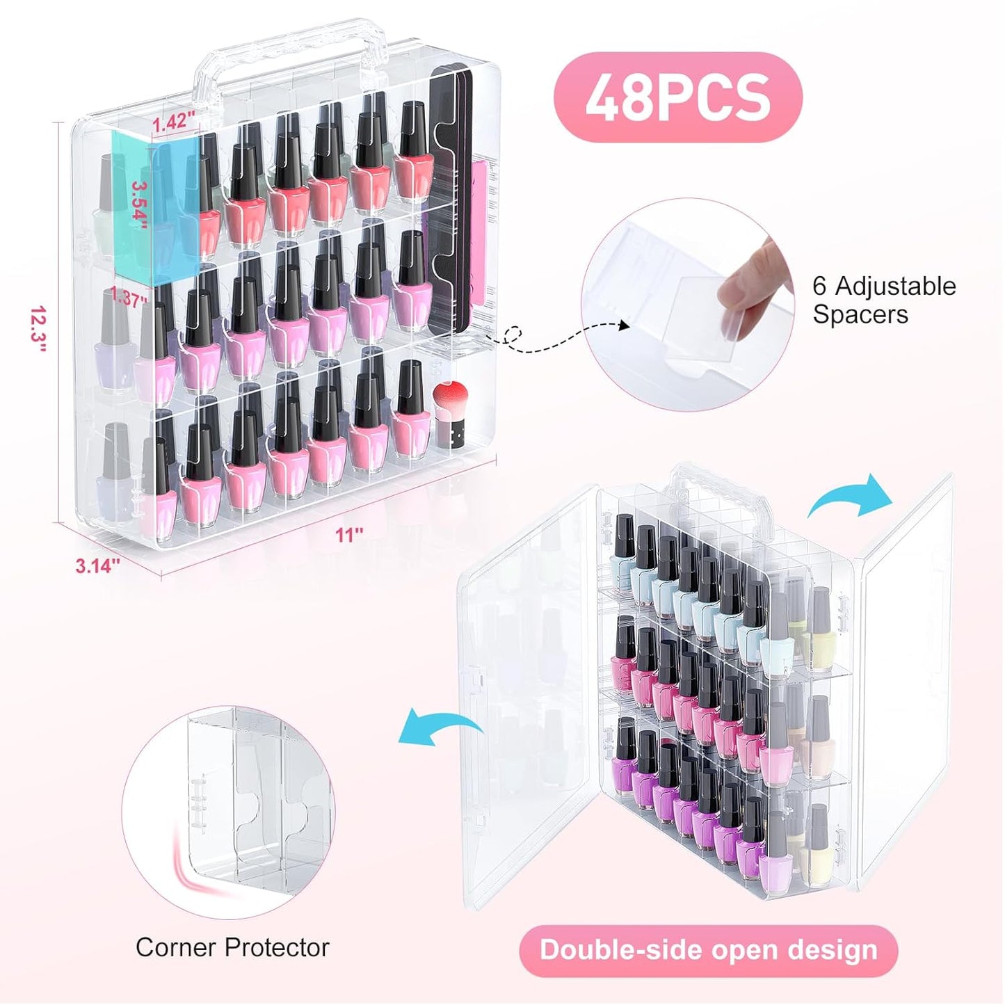 Nail Polish Organizer - 48 Bottle Transparent Holder with Adjustable Divider | Double-Sided Gel Polish Storage Case