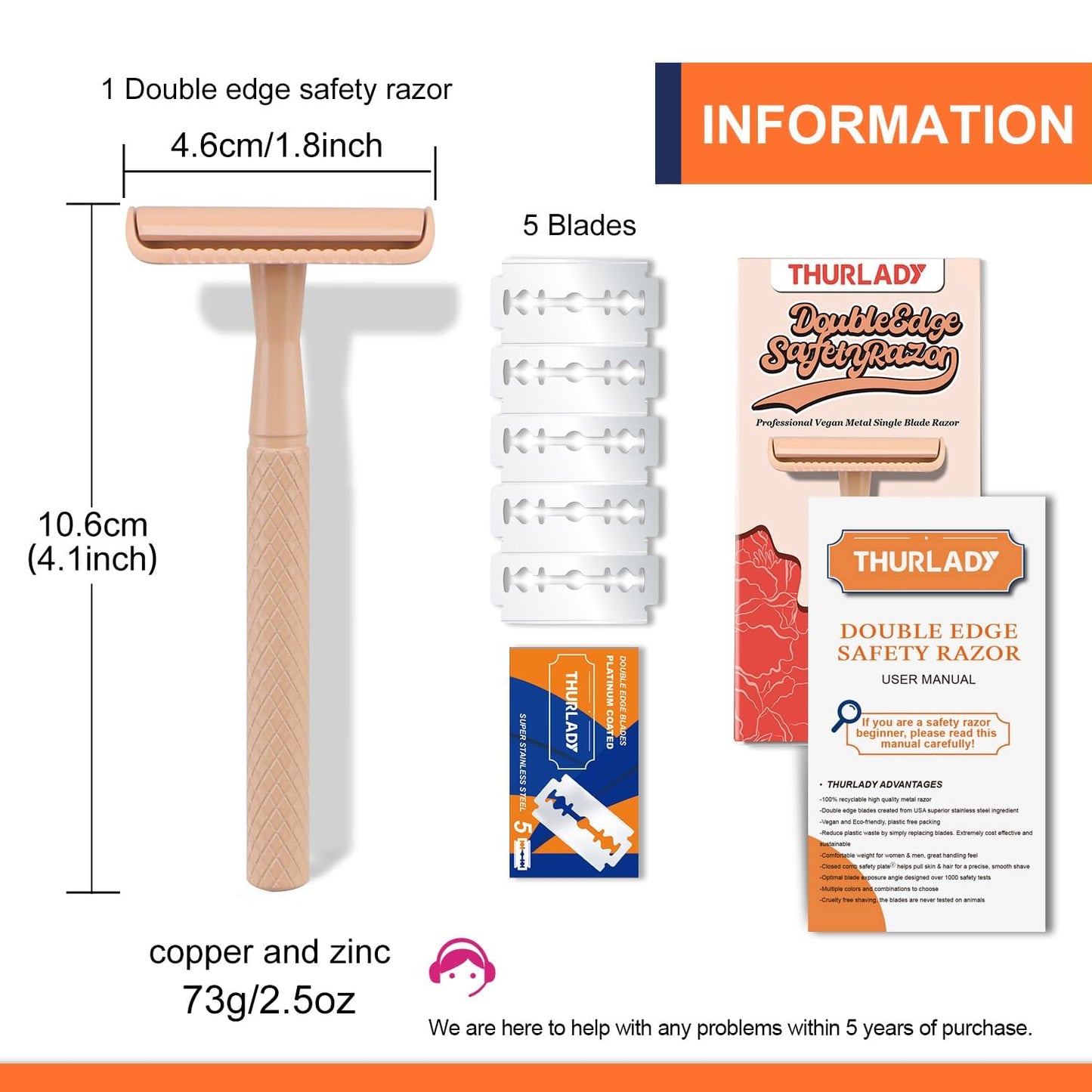 THURLADY Beige Safety Razor, Single Blade Razors for Women, Reusable Metal Razor, with 5 Stainless Steel Double Edge Blades, Smooth Close Shave, Sustainable, Plastic Free
