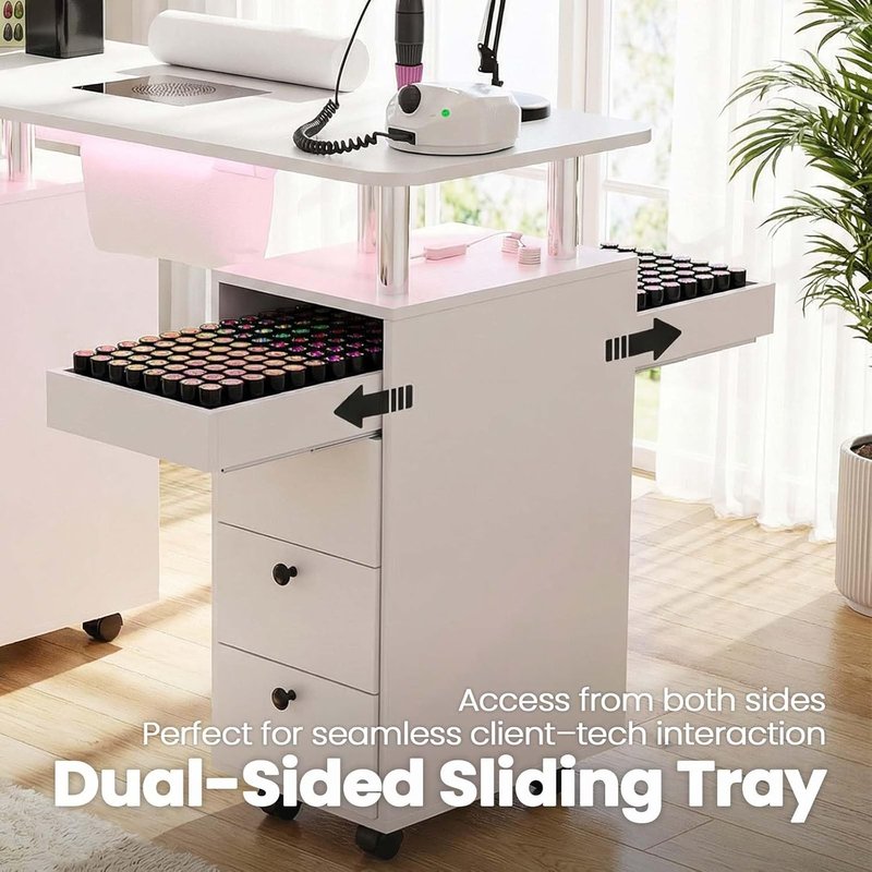 Nail Tech Table with Dust Collector & LED Light - Rolling Manicure Desk with Storage Drawers & Lockable Wheels | Acetone-Resistant Beauty Workstation (White)