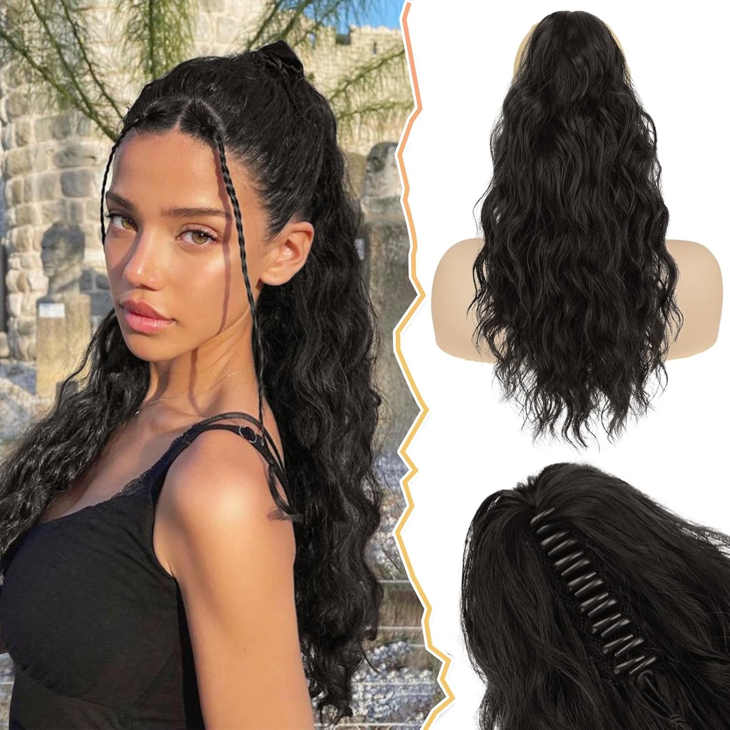 Ponytail Hair Extensions - 12 Inch Claw Clip Dark Brown Curly Wavy Ponytail for Women