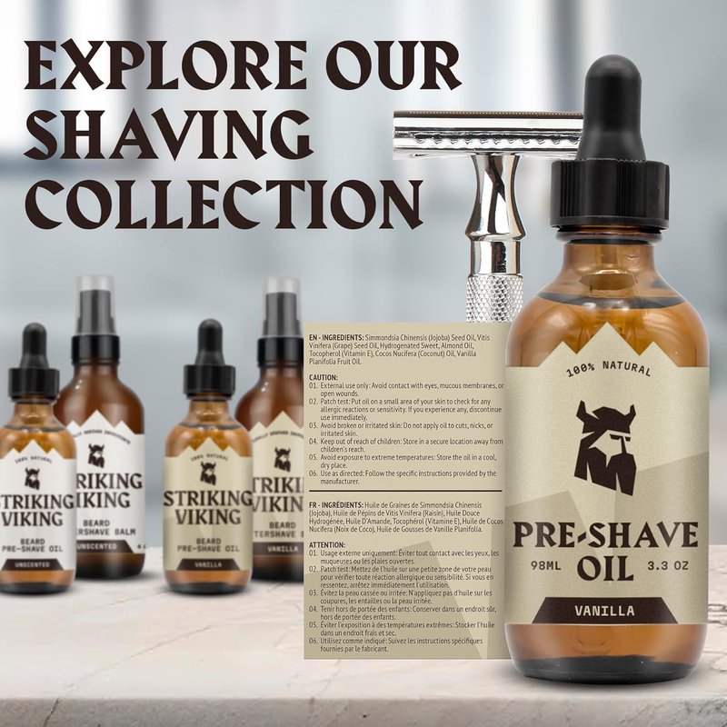 Striking Viking Pre-Shave Oil for Men - 3.3 fl oz, Pack of 1, Vanilla - Smooth Glide & Safety Razor Protection - Fast-Absorbing Formula for Electric Razor - Travel-Friendly Face Shaving Oil