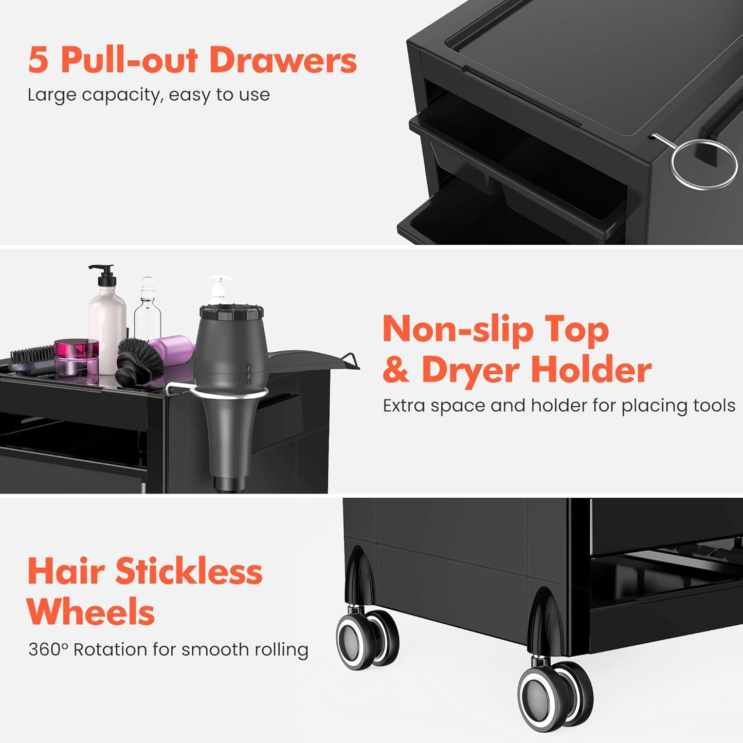 Salon Trolley Cart with Wheels - 5 Drawers & Dryer Holder | Space-Saving Beauty Cart for Hair & Tattoo Use