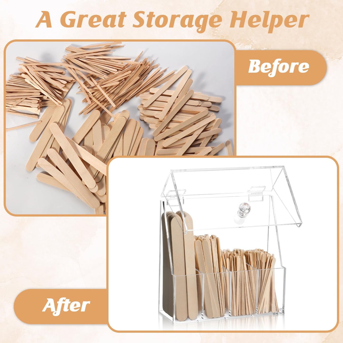 300 Pcs Wood Wax Applicator Kit 4 Style Wax Applicator Sticks with 4 Compartments Waxing Sticks Organizer Small Medium Large Waxing Applicators Waxing Sticks Assorted for Body Legs Face Nose Eyebrows